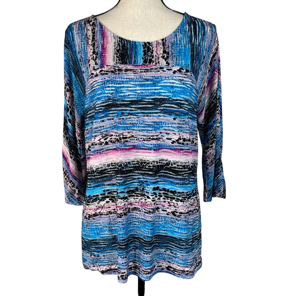 Dana Buchman Medium Top Abstract Jacquard Stretch 3/4 Sleeves Semi-Sheer Multi